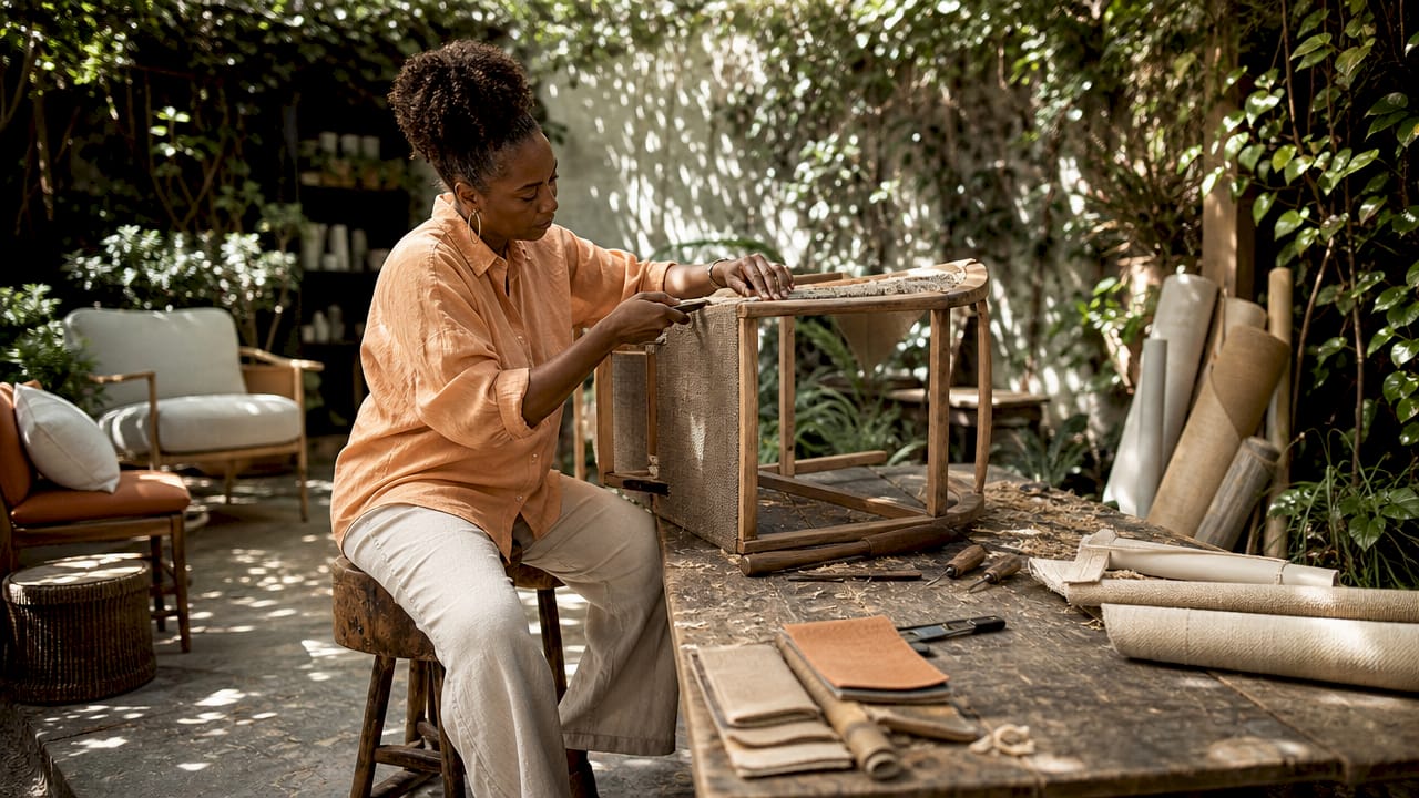 Upholsterer crafting wooden furniture in workshop