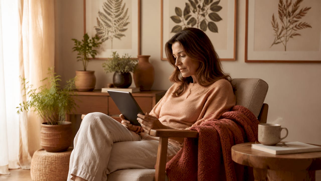Woman shopping for furniture alternatives on tablet