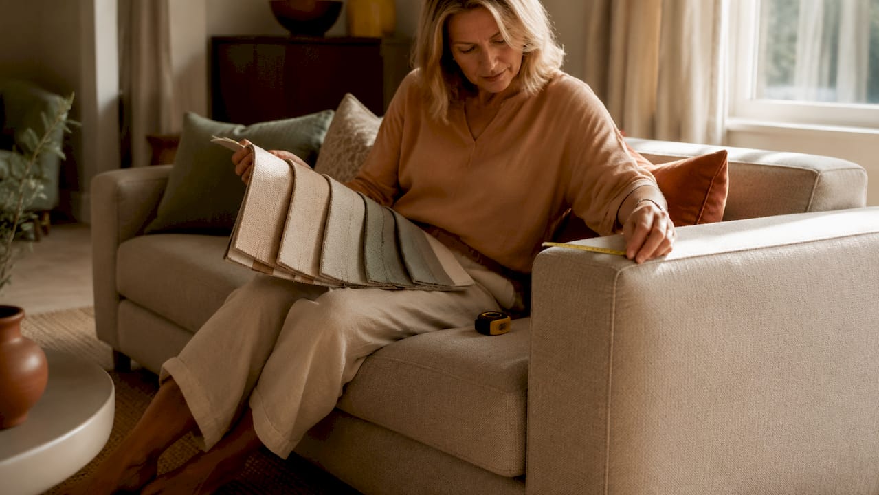 Woman measuring contemporary sofa arm width in living room