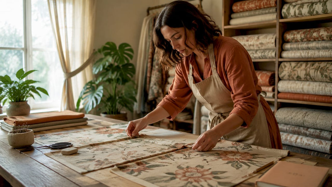 Upholsterer aligning patterned fabric panels