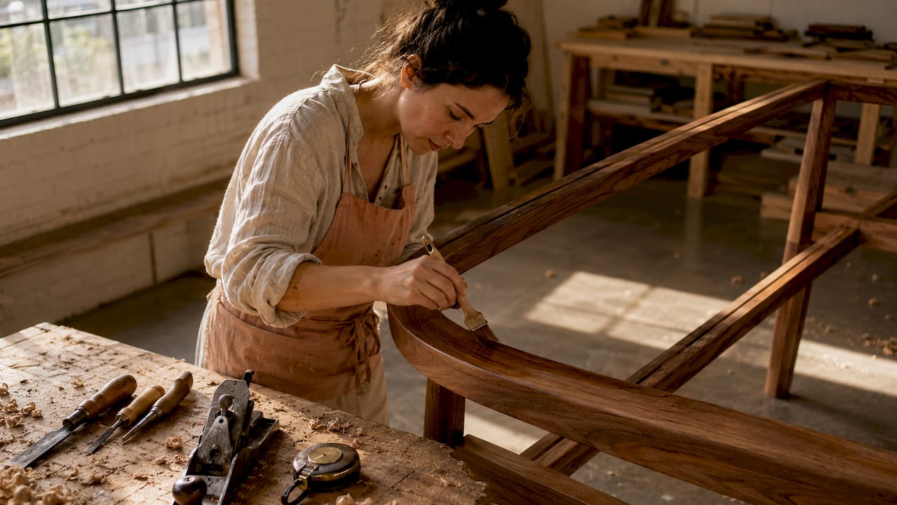 Female artisan applying finish in Dallas workshop