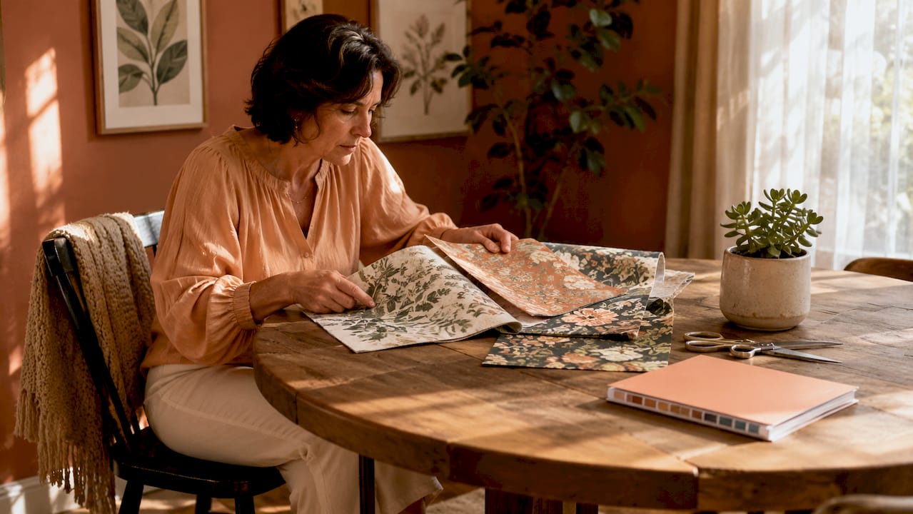 Homeowner examining upholstery fabric swatches