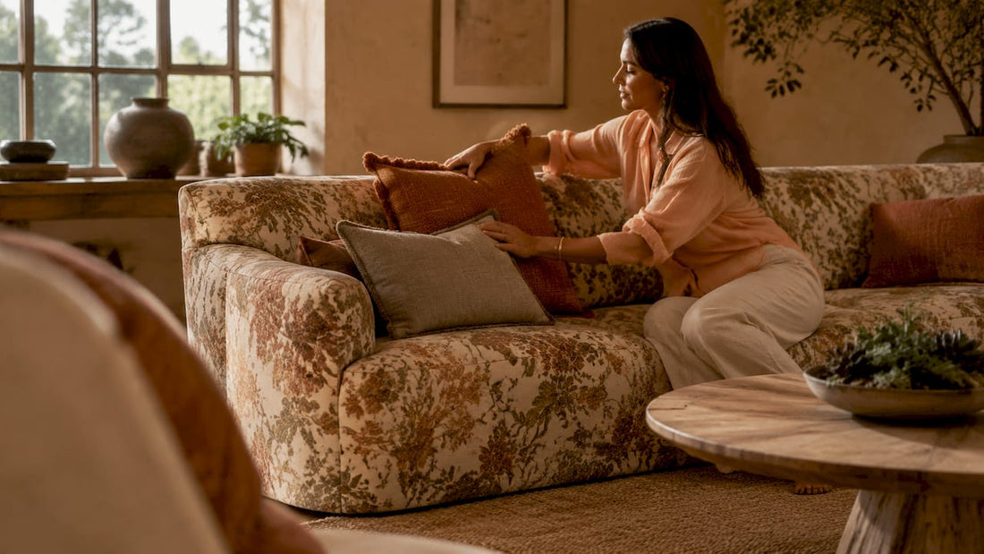 Woman arranging pillows on floral sofa
