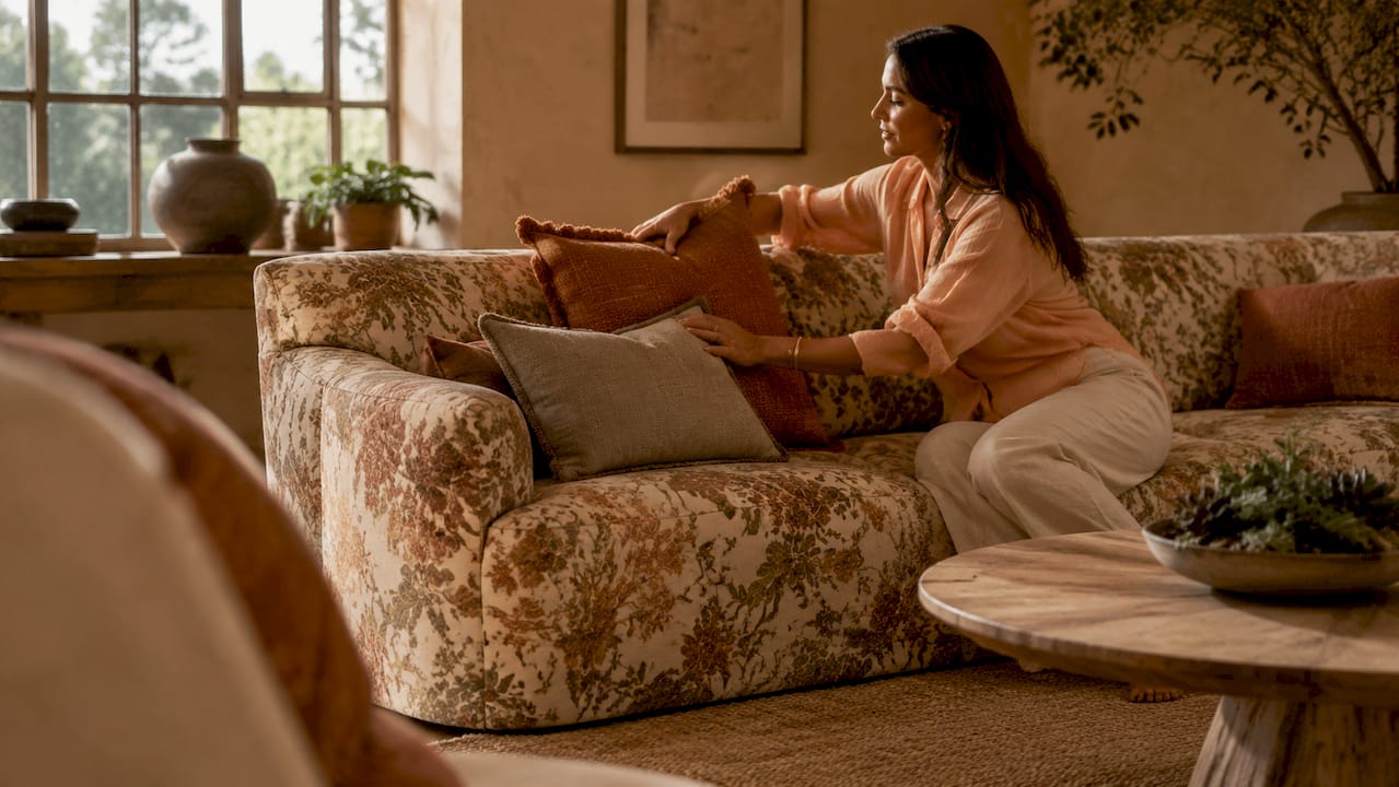 Woman arranging pillows on floral sofa
