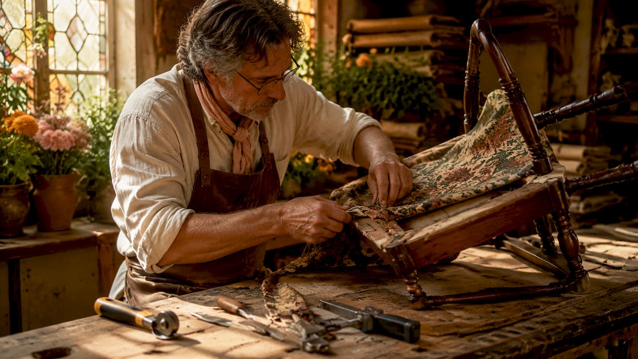 Artisan handcrafting upholstery on wooden frame