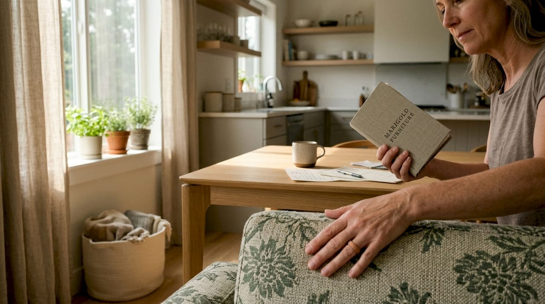 Woman inspecting floral sofa fabric swatch