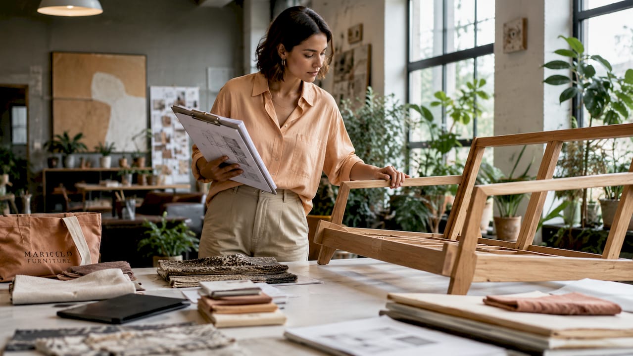 Designer examining custom sofa frame in studio