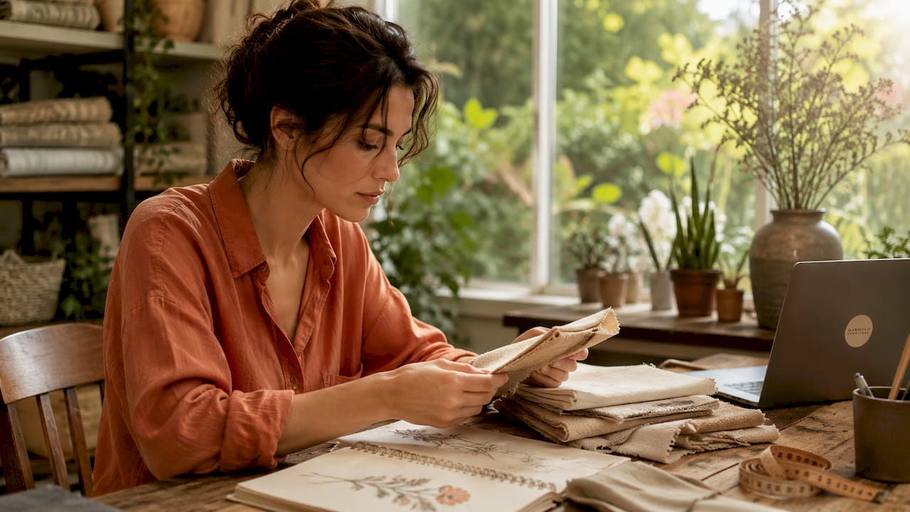 Specialist examining sustainable upholstery fabrics