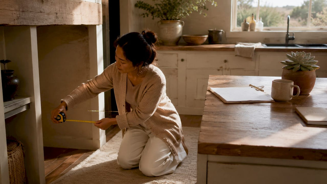 Woman measuring room for custom furniture fitting