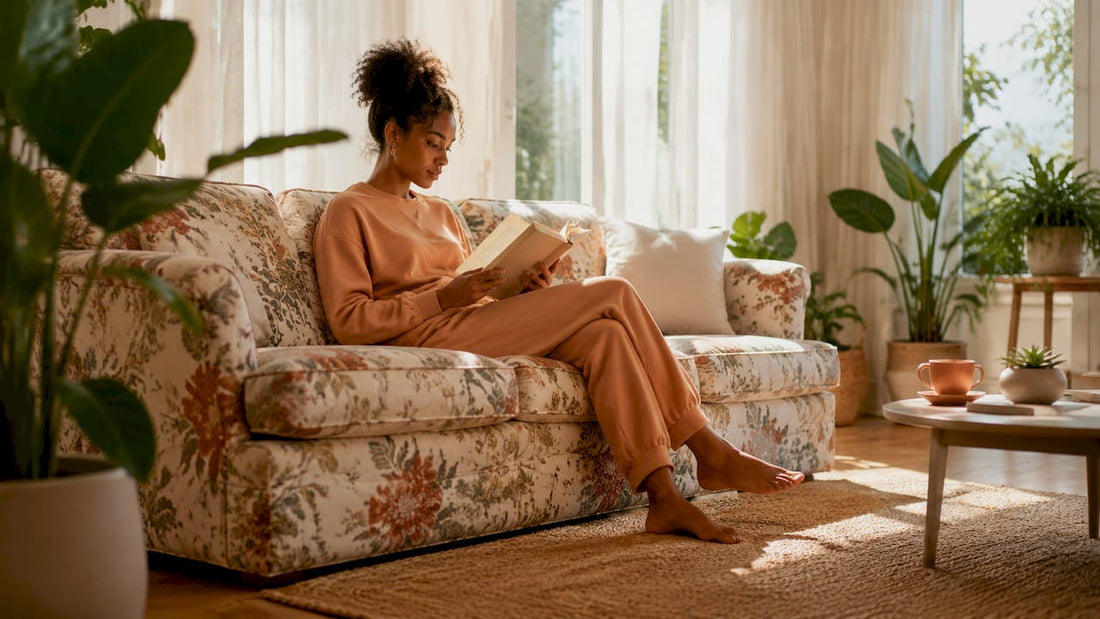 Modern living room with floral sofa and reading woman