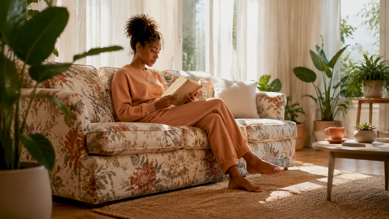 Modern living room with floral sofa and reading woman
