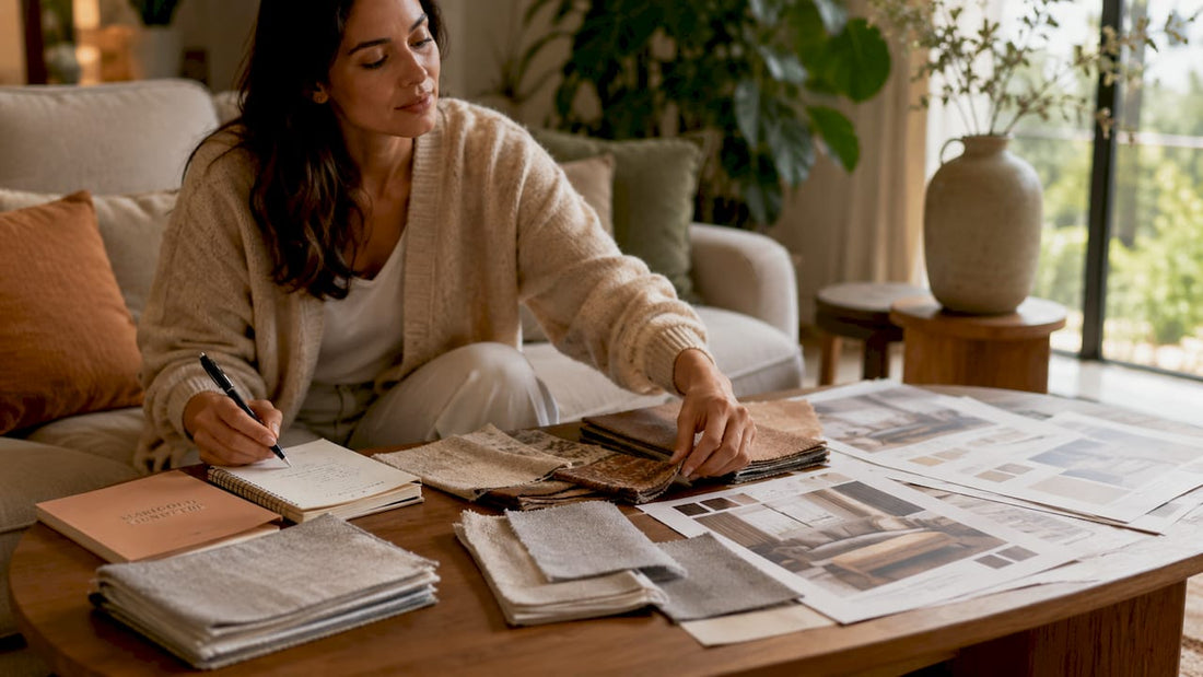 Woman reviewing sofa fabrics and sketches