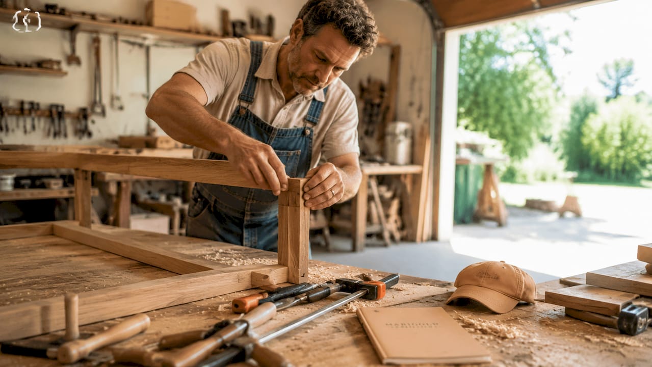 Craftsman assembling hardwood sofa frame in workshop