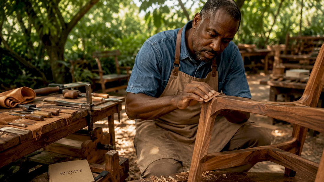 Craftsman sanding chair frame in workshop