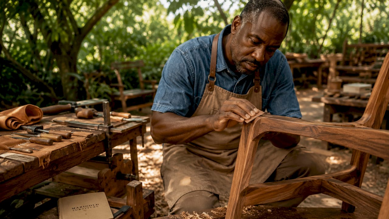 Craftsman sanding chair frame in workshop