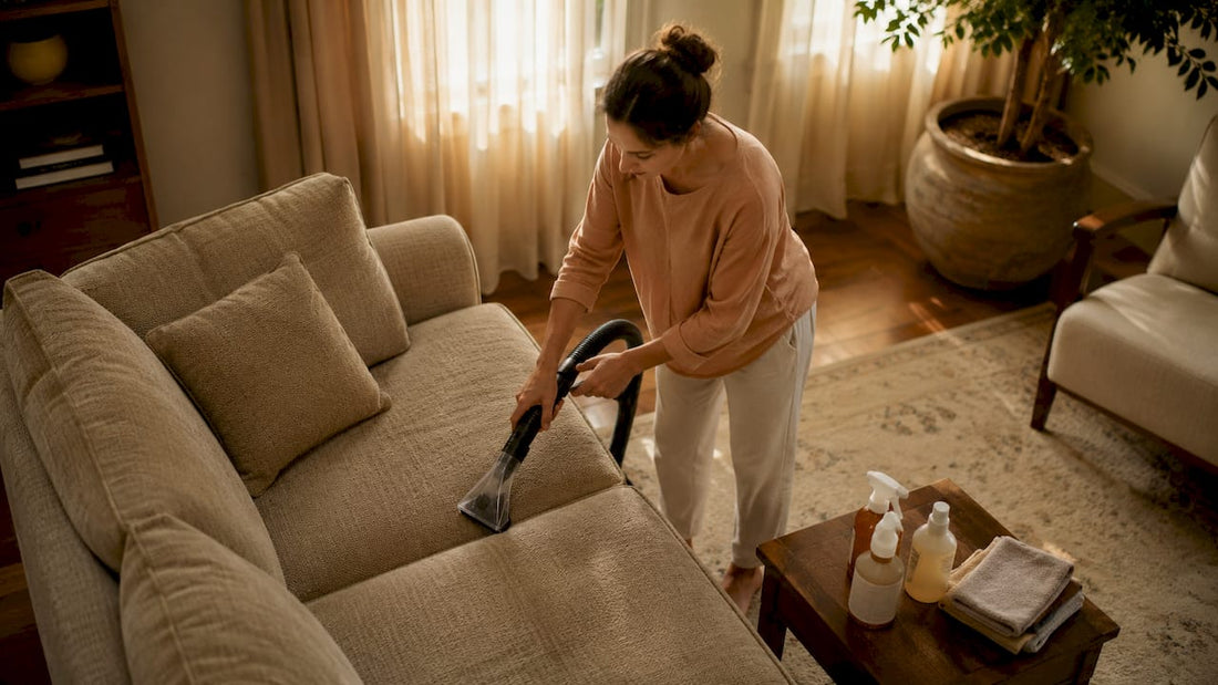 Woman vacuuming sofa upholstery in bright living room
