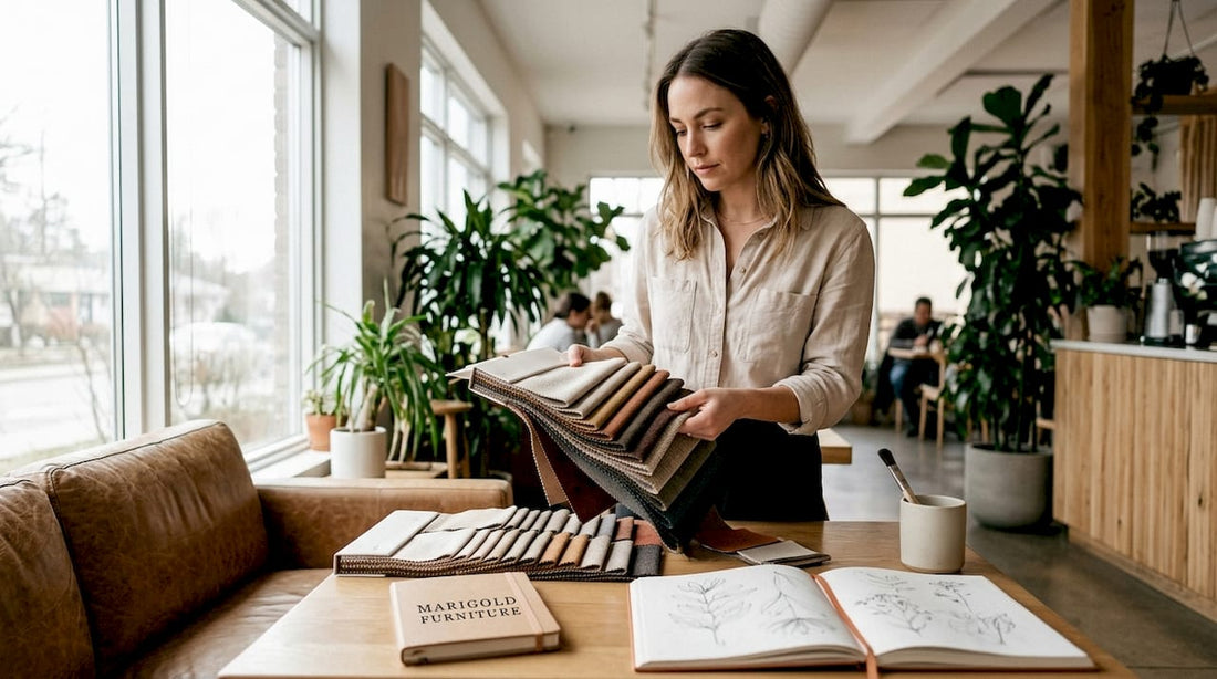 Designer inspecting upholstery fabric textures