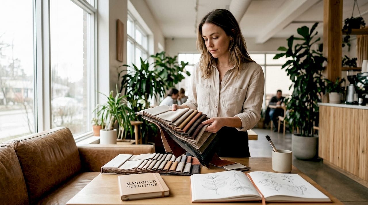 Designer inspecting upholstery fabric textures