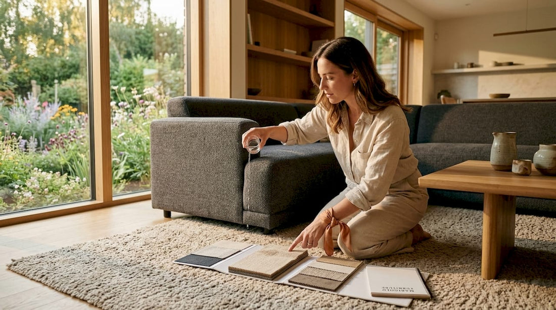 Interior designer testing stain-resistant sofa fabric