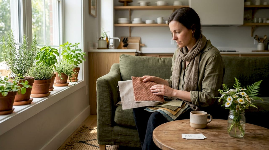 Woman comparing sofa fabric swatches in natural light