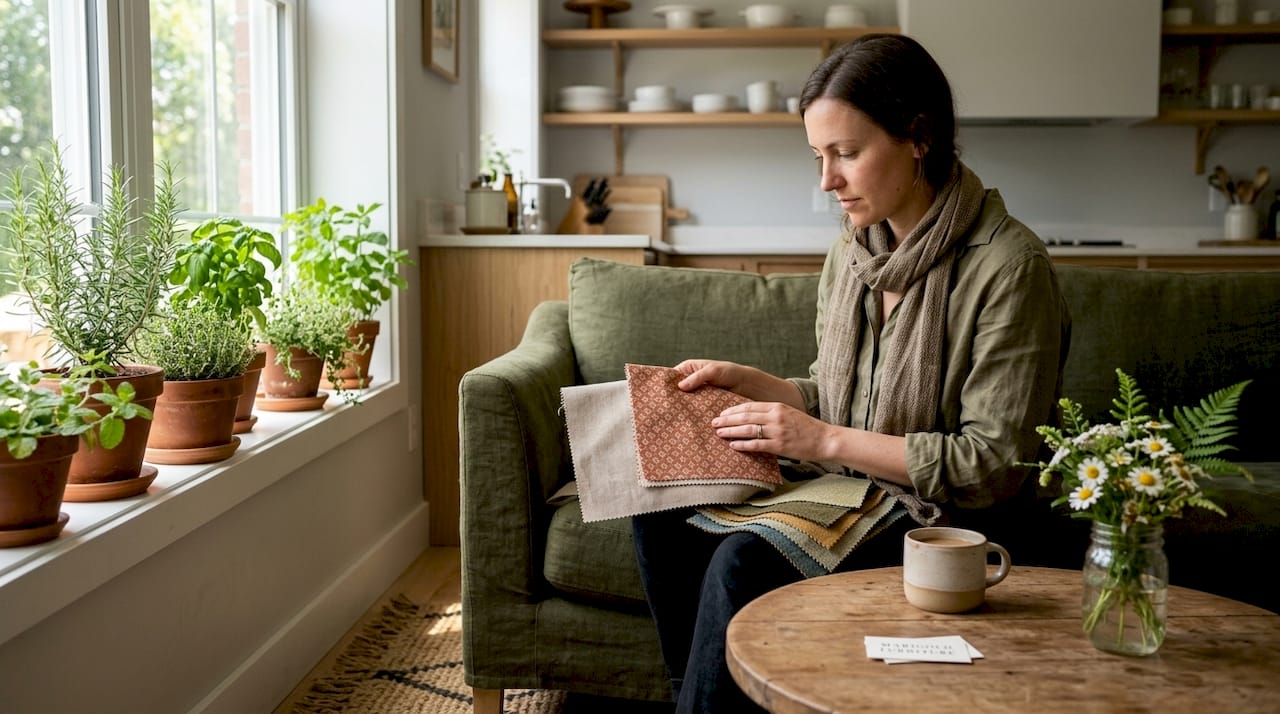 Woman comparing sofa fabric swatches in natural light