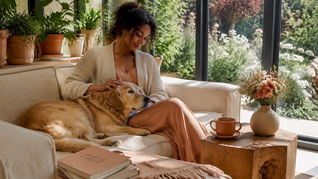 Woman with dog on pet-friendly upholstered sofa