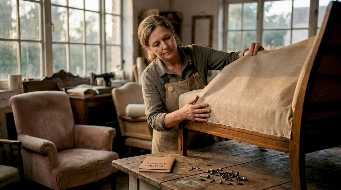 Upholsterer examining sofa decking fabric under frame