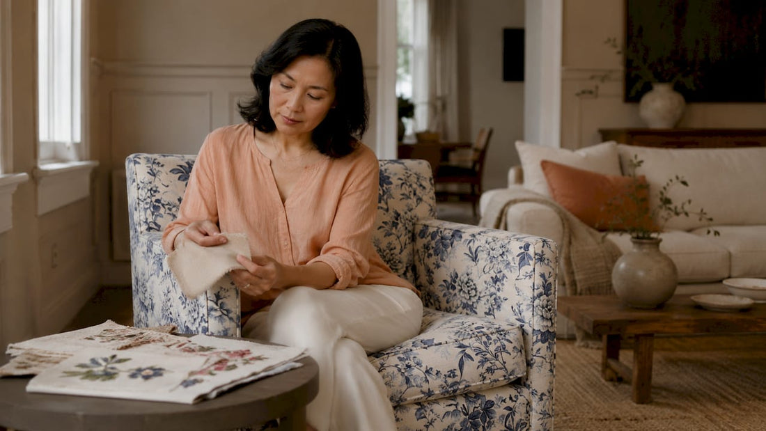 Woman reviewing floral upholstery in Victorian modern room