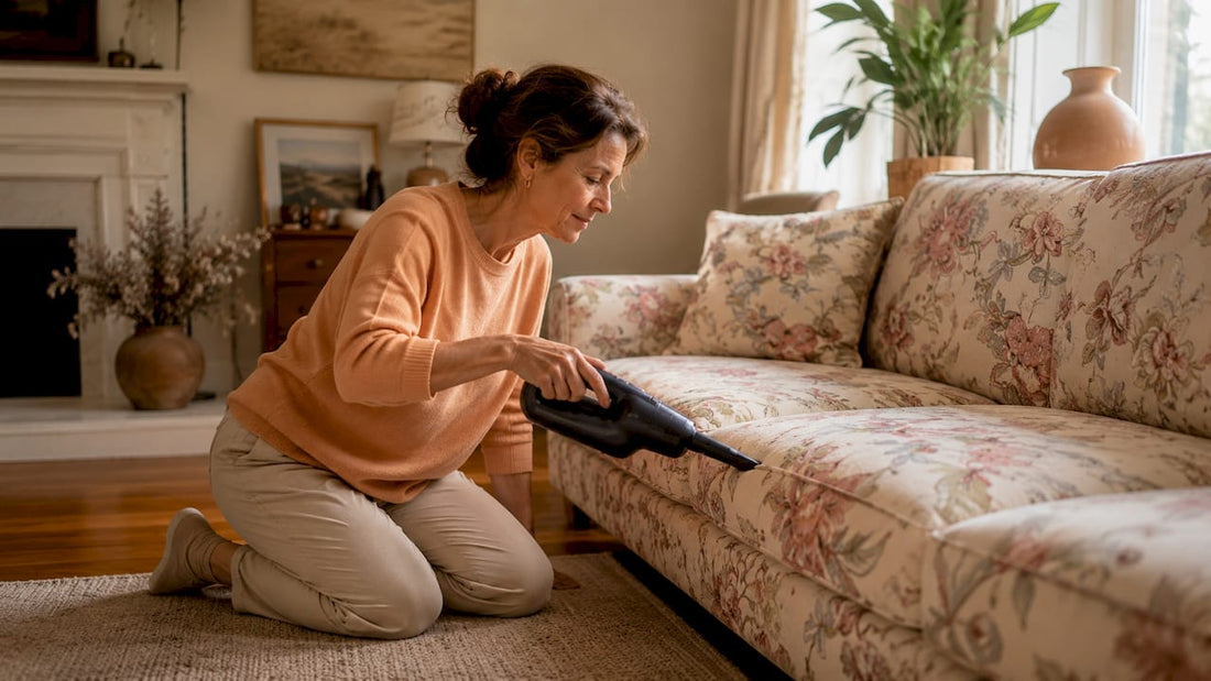 Woman vacuuming beige sofa in family living room