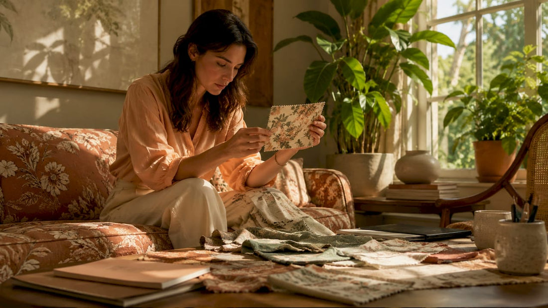 Woman reviewing floral fabric samples in living room