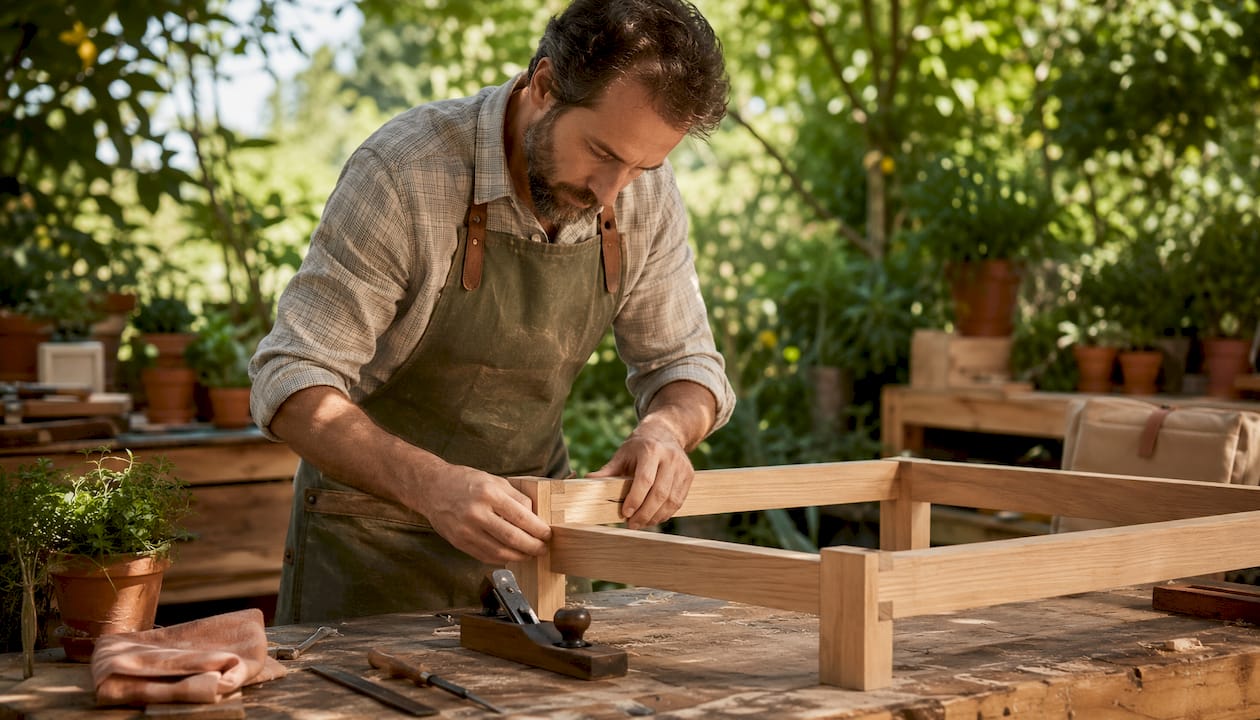 Craftsman assembling maple sofa frame