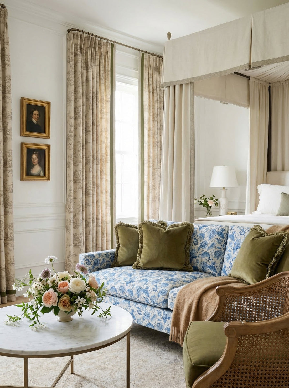 Chintz sofa in a bedroom sitting area, cared for over the long term
