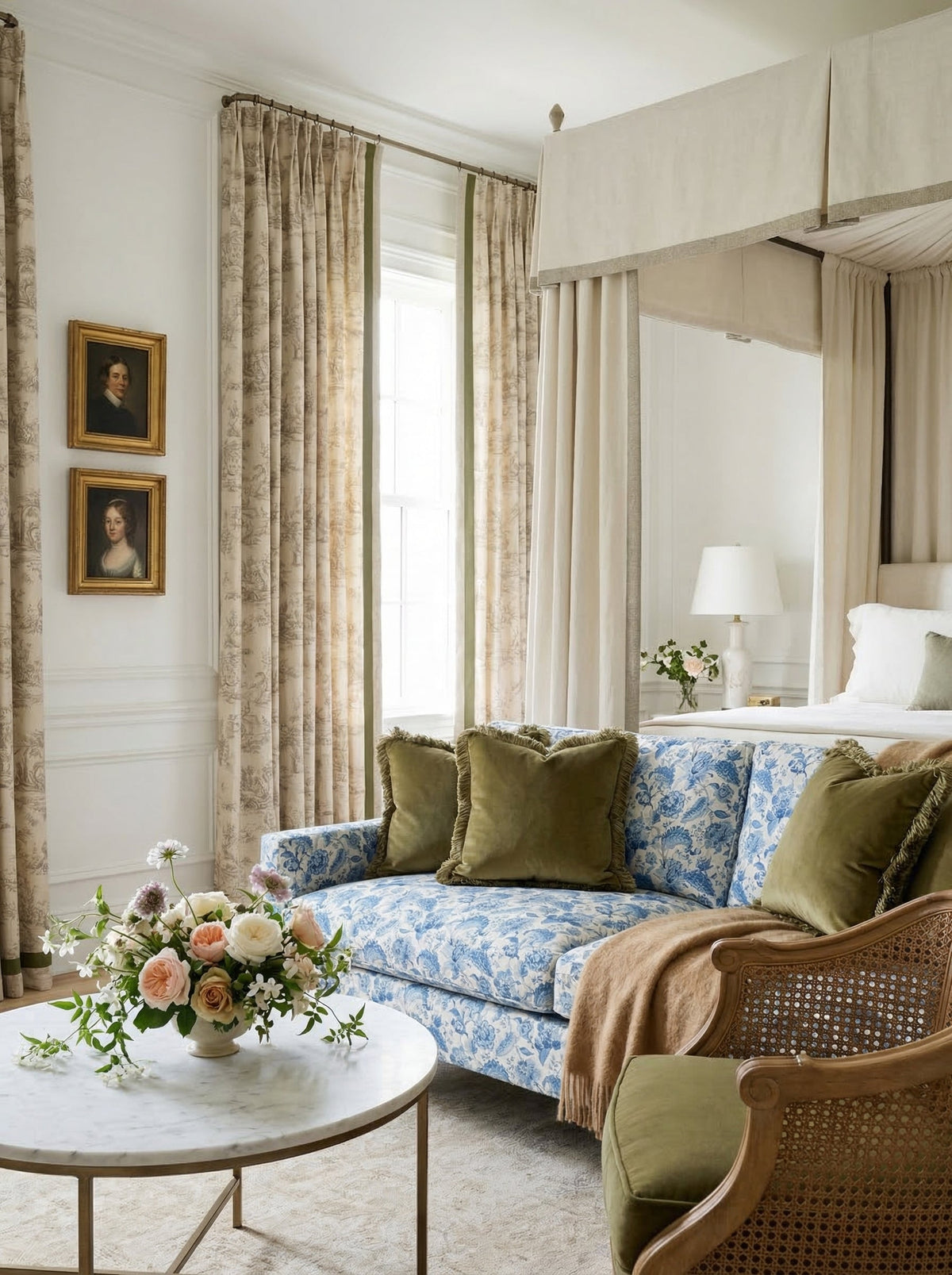 Chintz sofa in a bedroom sitting area, cared for over the long term