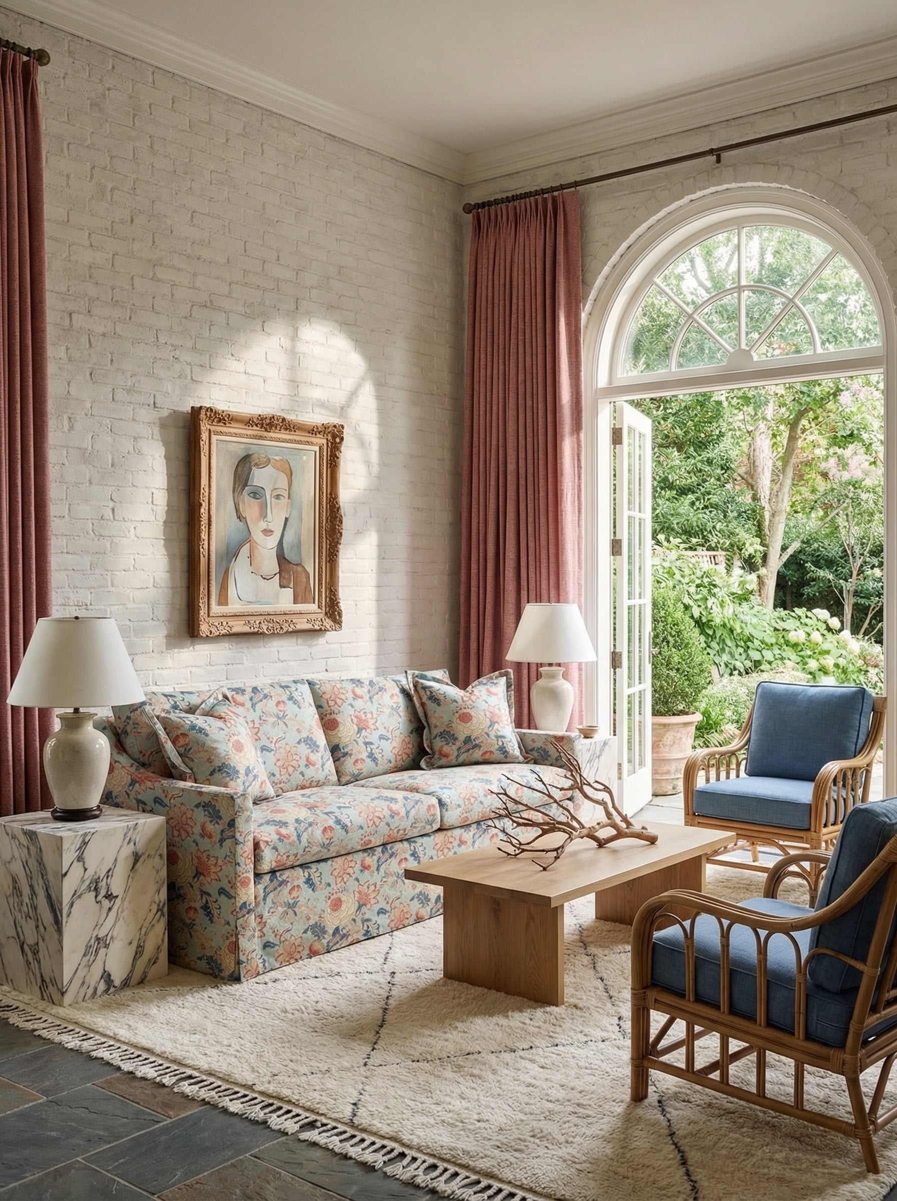 Floral upholstery fabric in a sunroom with an arched doorway