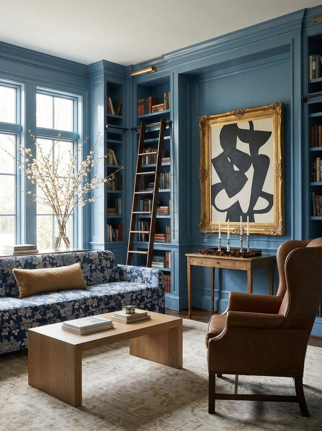 Performance fabric floral sofa in a family living room