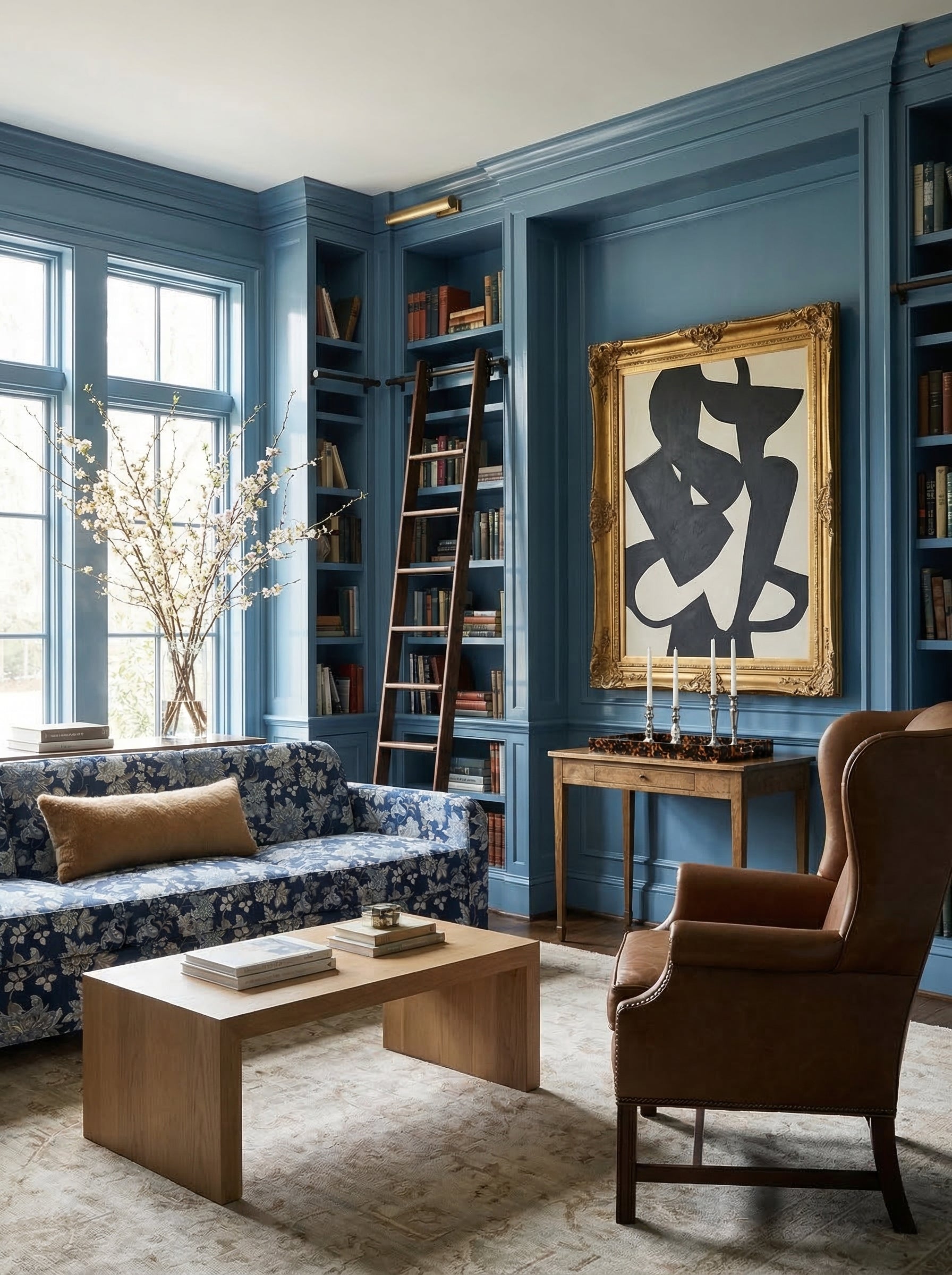 Performance fabric floral sofa in a family living room