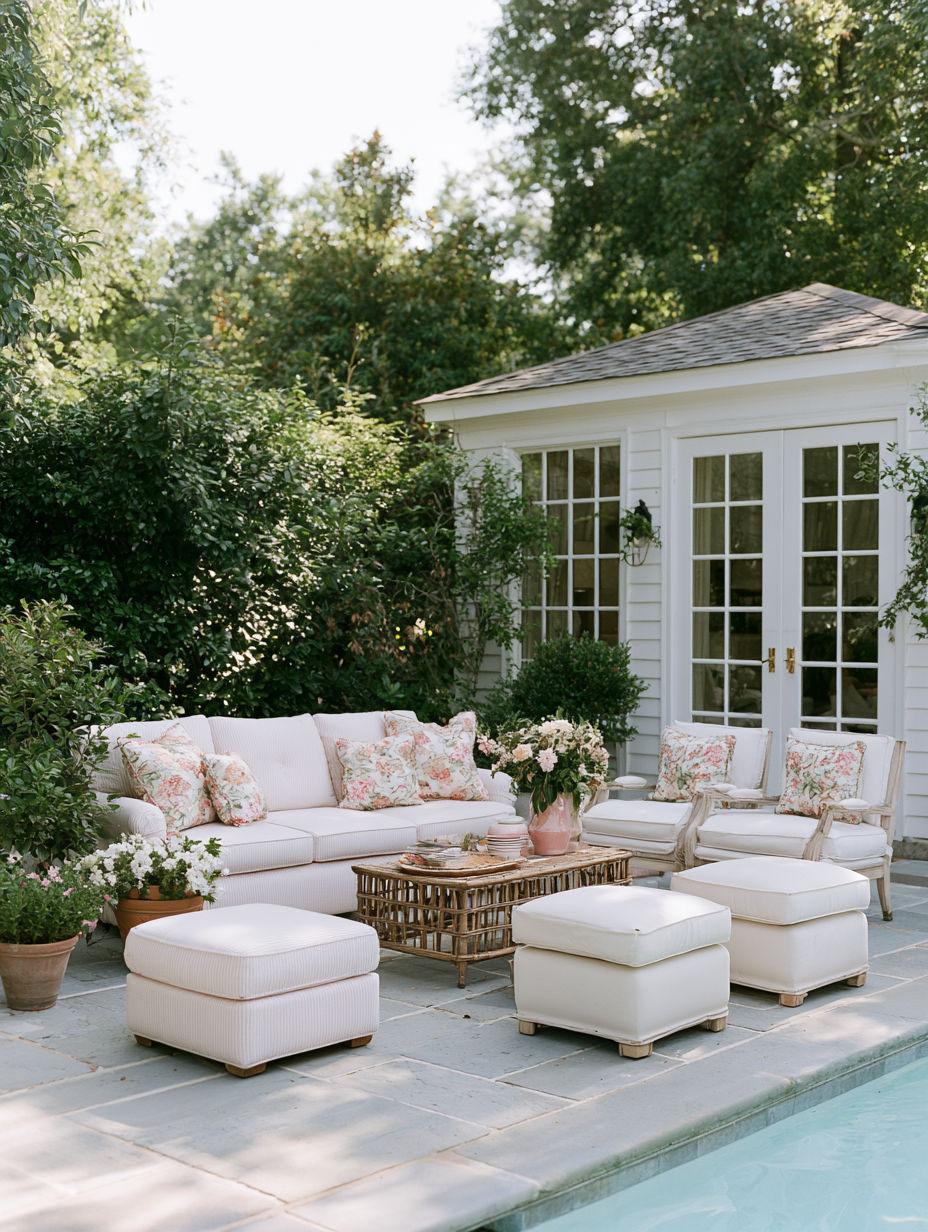 Backyard patio with floral decor and lush landscaping