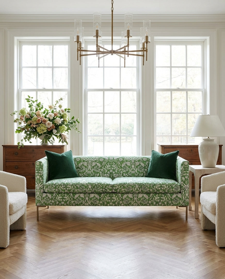 Floral chintz sofa beneath Georgian windows with herringbone flooring