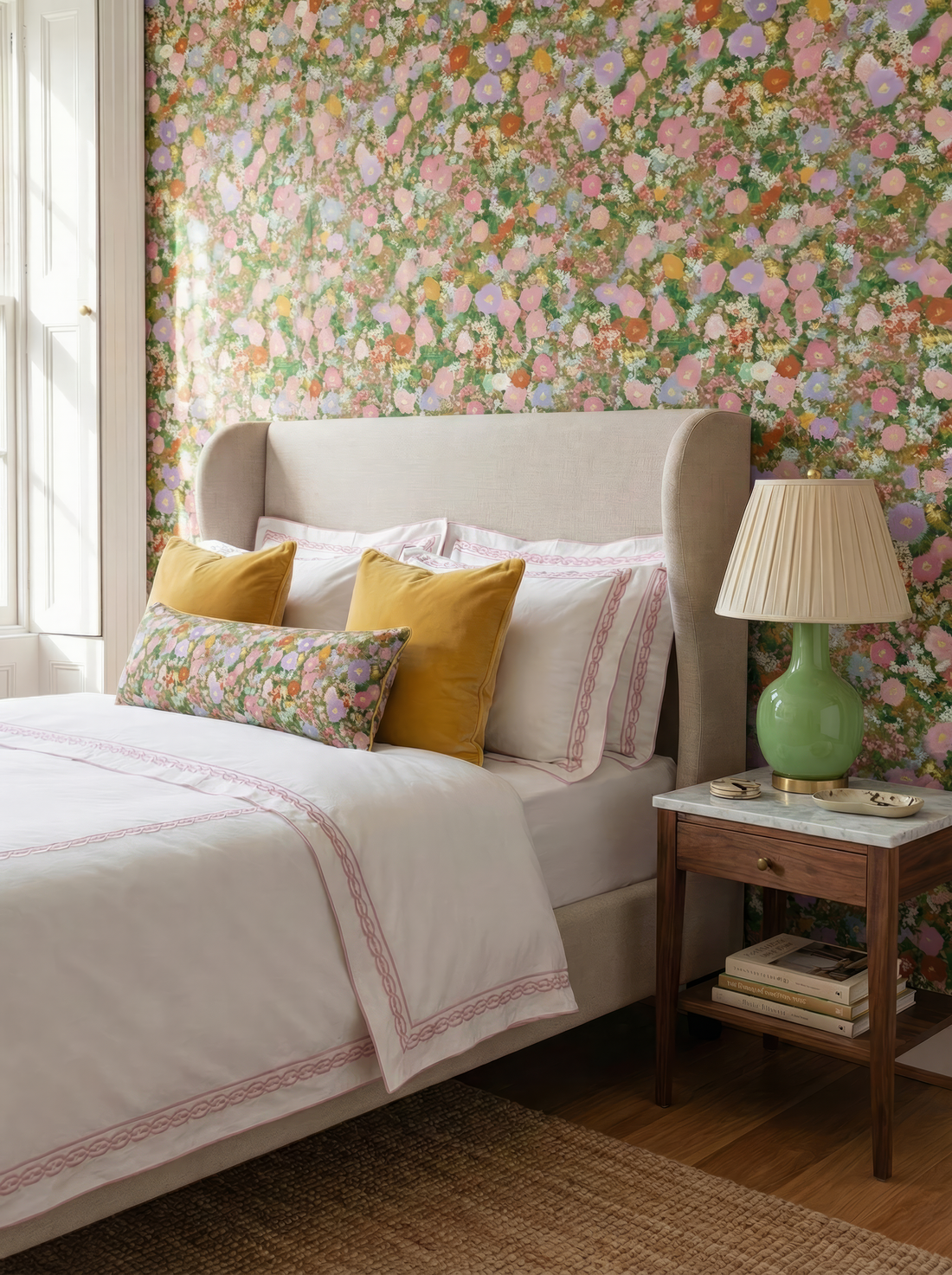 Primrose floral pillows and wallpaper in a sunlit bedroom
