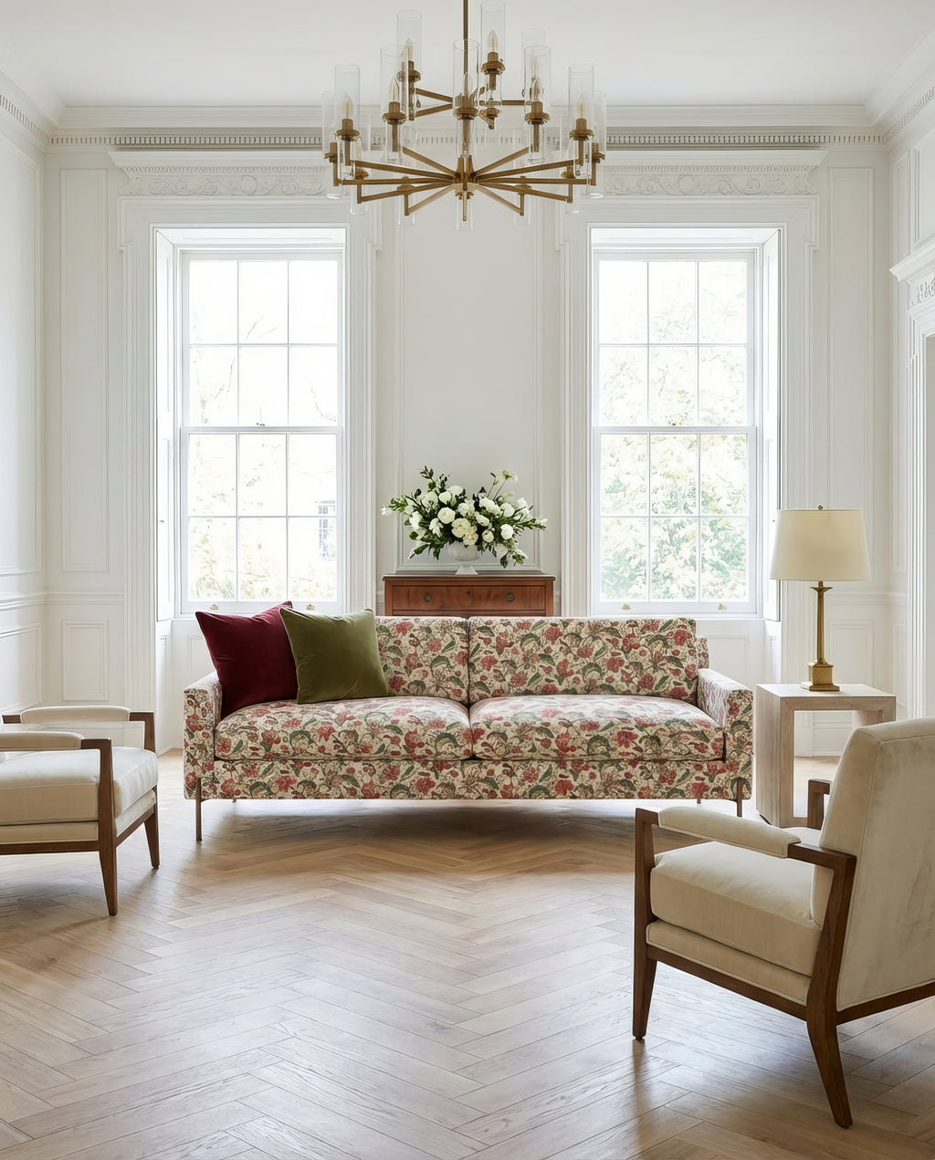 90" Granada Floral Sofa With Brass Legs