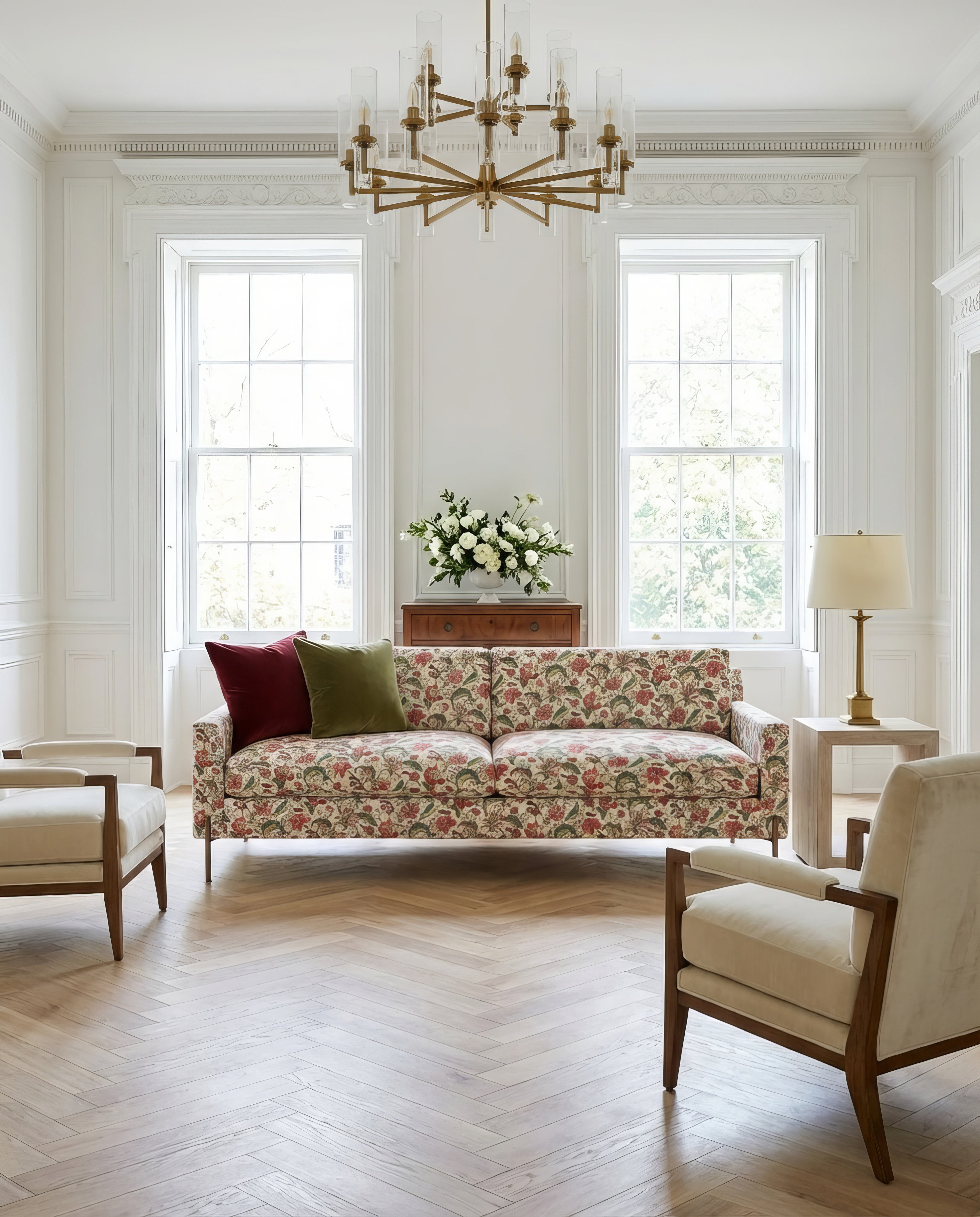 90" Granada Floral Sofa With Brass Legs