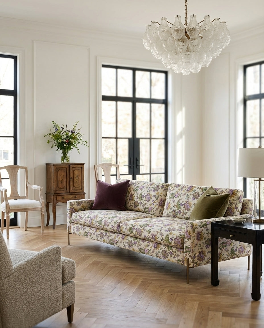 90" Granada Floral Sofa With Brass Legs